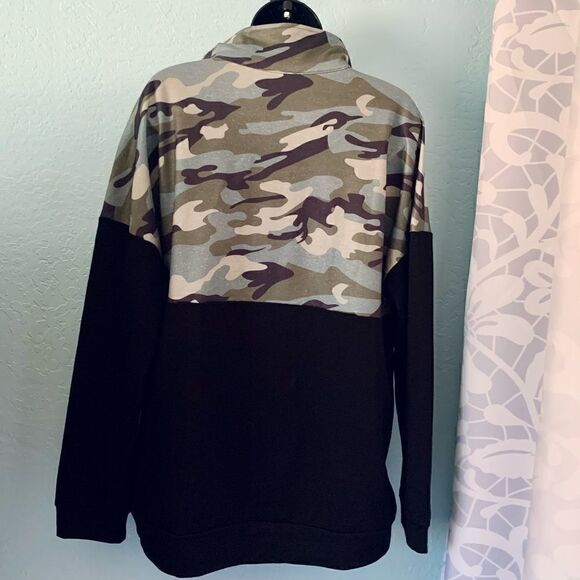Black Color Block Camouflage 3/4 Zip Pullover Sweatshirt Size XL - Picture 8 of 9